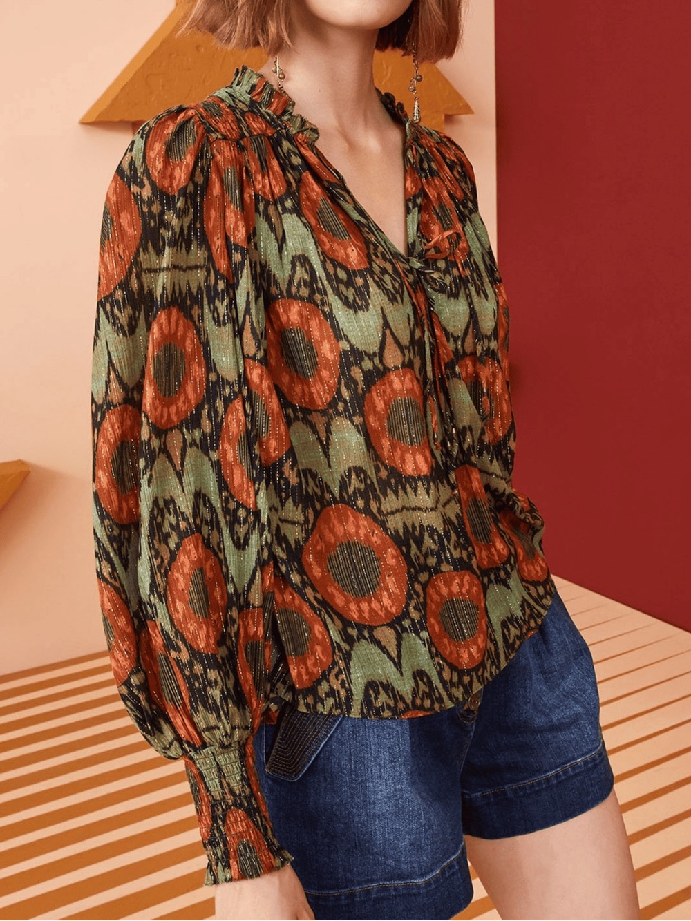 Ulla Johnson Anita Printed Long-Sleeve Ruffle Neck Blouse - Olive & Rust